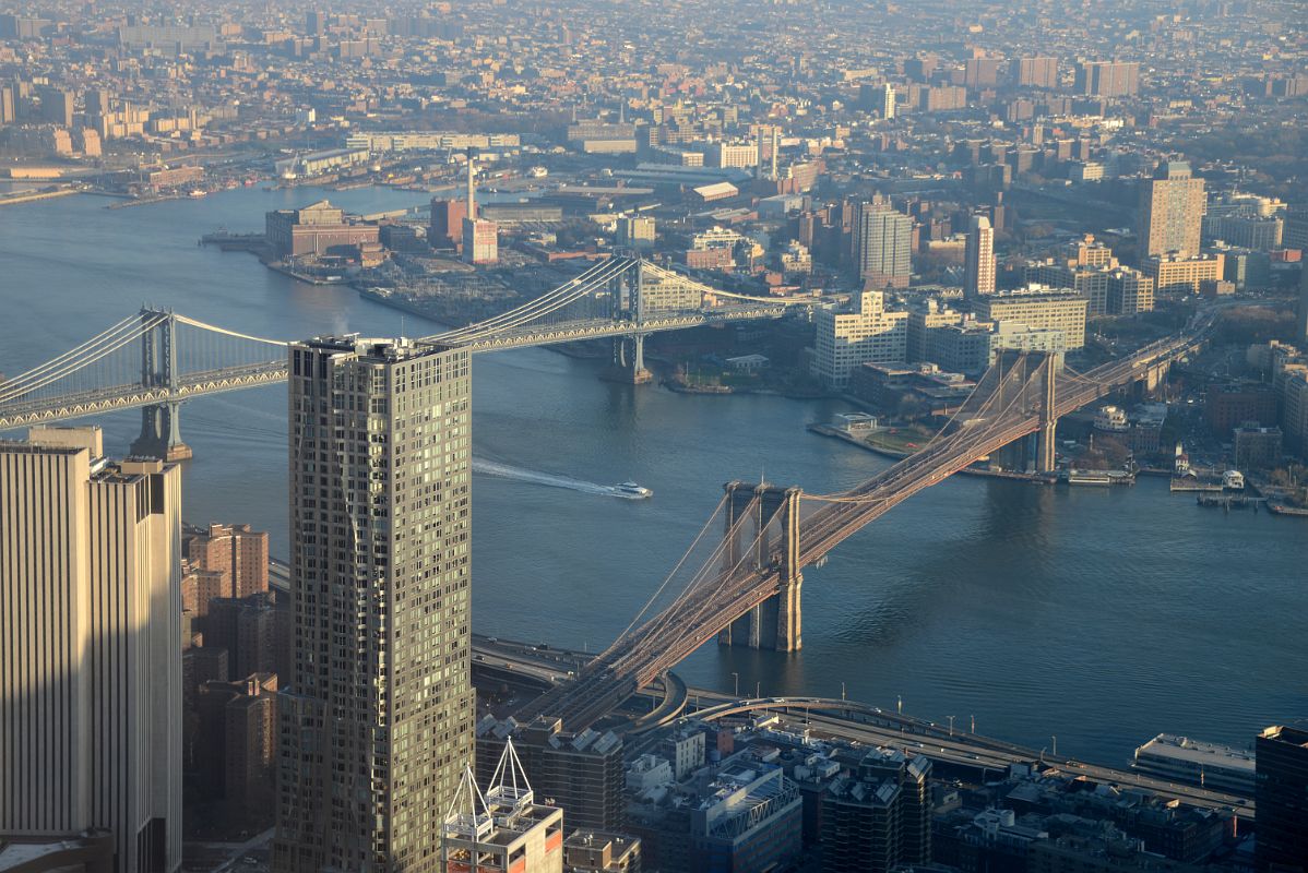 28 New York East River, Manhattan Bridge, New York By Gehry, Brooklyn Bridge Close Up From One World Trade Center Observatory Late Afternoon